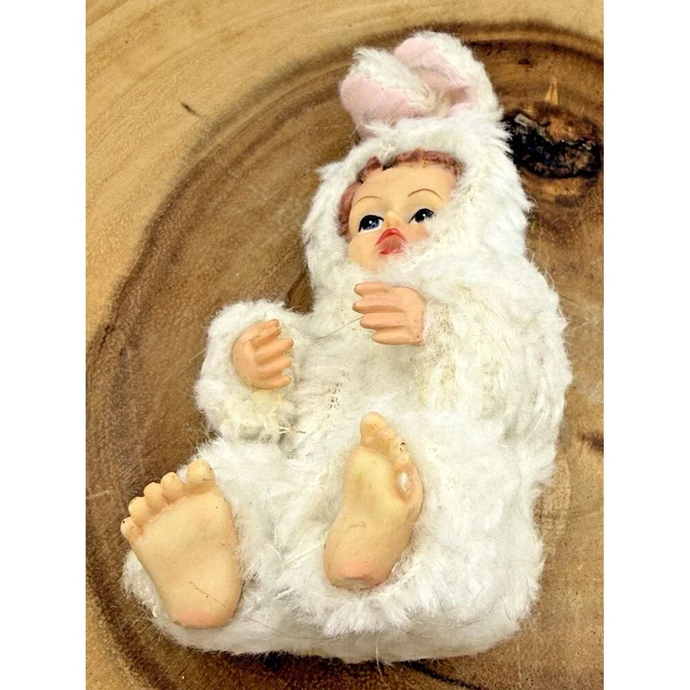 2 Vintage Miniature Porcelain Doll  in Fuzzy Fabric Bunny Costume 4